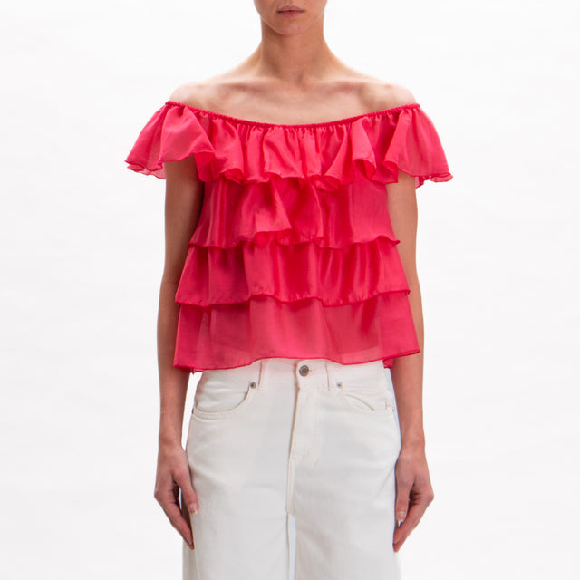 Tensione in-Blusa mussola rouches balze - fragola
