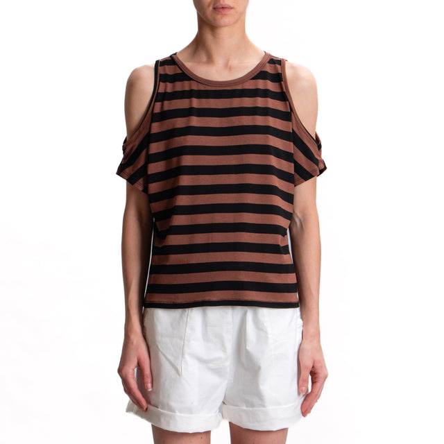 Haveone-T-shirt righe cut out - moro/nero