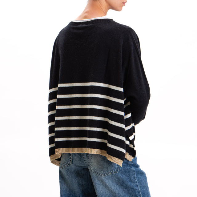 Vicolo-Oversized Striped Cashmere Blend Sweater - Gold/Black/Milk