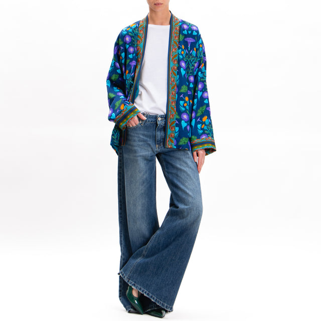 Wu'side-Floral Print Kimono with Pockets - Blue/Purple/Turquoise