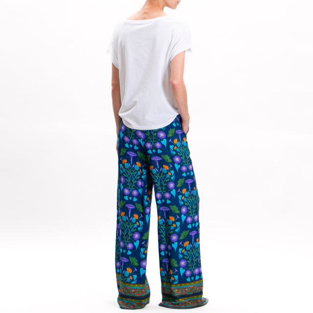 Wu'side-Floral Print Elastic Waist Trousers - Blue/Purple/Turquoise