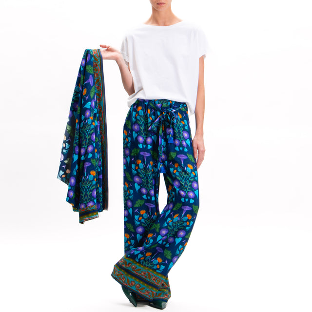 Wu'side-Floral Print Elastic Waist Trousers - Blue/Purple/Turquoise