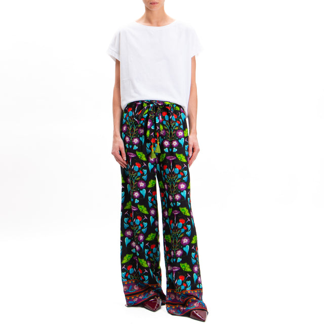 Wu'side-Floral Print Pants with Elastic - Black/Cyclamen/Turquoise