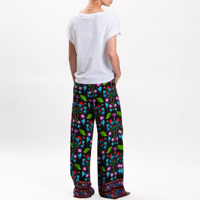 Wu'side-Floral Print Pants with Elastic - Black/Cyclamen/Turquoise