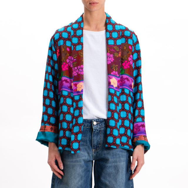 Wu'side-Floral Print Kimono Jacket - Turquoise/Wine/Fuchsia